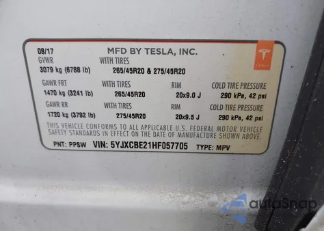 2017 Tesla Model X 100D/75D/90D z USA, uszkodzony, nr VIN 5YJXCBE21HF057705
